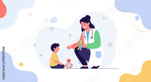 Pediatrician with child and toys, illustration