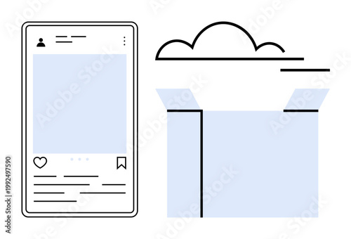 Digital data storage, cloud computing, social media, online services, technology, file sharing. Smartphone screen beside a cloud icon and box illustration. Digital data storage and cloud computing