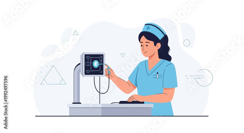 Nurse Operating Medical Equipment with Digital Display and Keyboard