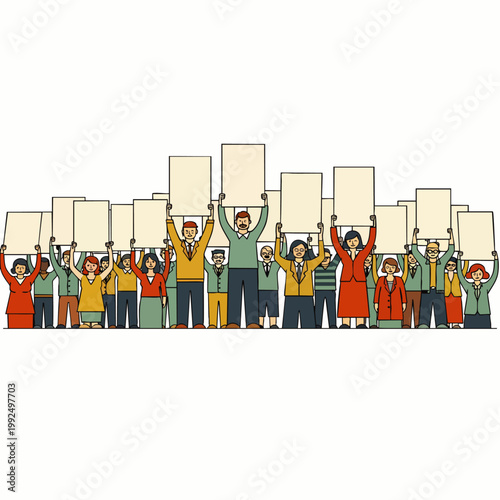 Diverse group of people holding blank signs and banners in protest or demonstration, vector illustration