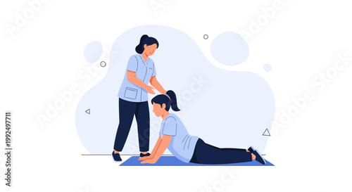 Physical therapist assisting patient with back extension exercise on yoga mat