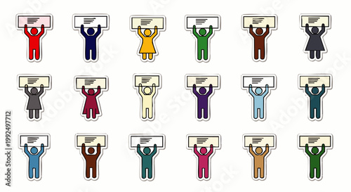 Diverse group of colorful cartoon people holding blank signs for messages, announcements, or protests
