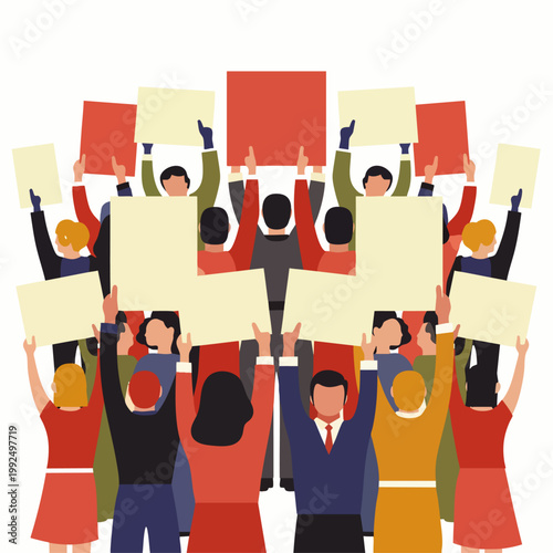 Crowd of people holding blank signs and banners, demonstrating and protesting with unity and solidarity