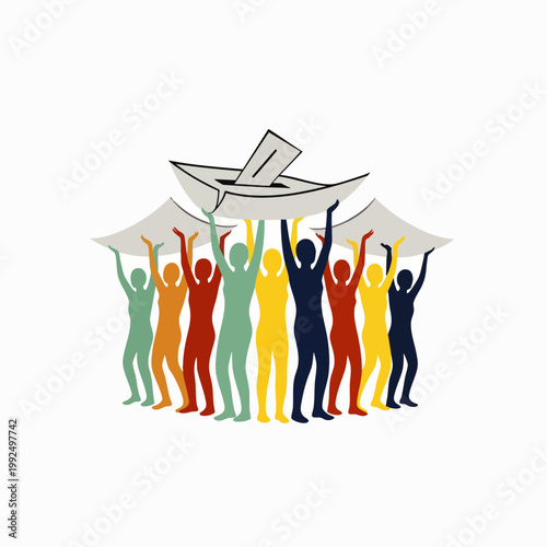 Diverse group of people holding up a voting ballot box, symbolizing democracy, elections, and civic participation.