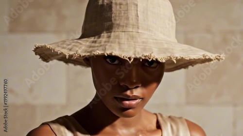 Warm architectural portrait featuring a frayed linen brim hat and sculptural side profile, sunlit skin and minimal elegance reinterpreting artisanal hat styles for ladies with earthy resort poise