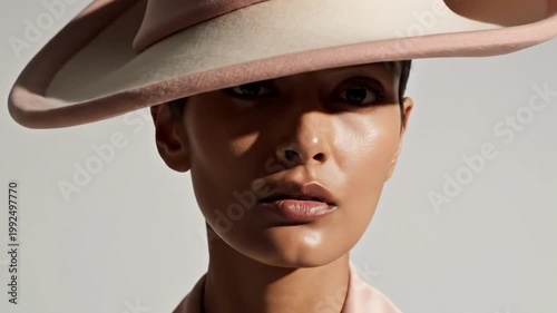 Refined beauty portrait in a blush asymmetrical brim hat, clean studio backdrop and luminous cheek highlight creating polished hat styles for ladies with couture poise and modern feminine drama