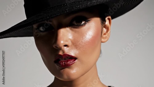 Graphic editorial portrait with a wide black flat-brim hat casting bold shadow over crimson lips, minimalist styling and controlled glamour defining statement hat styles for ladies in monochrome mood