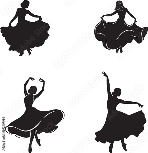 Elegant Dancing Woman Silhouette Set - Female Dancers in Flowing Dresses Vector Collection
