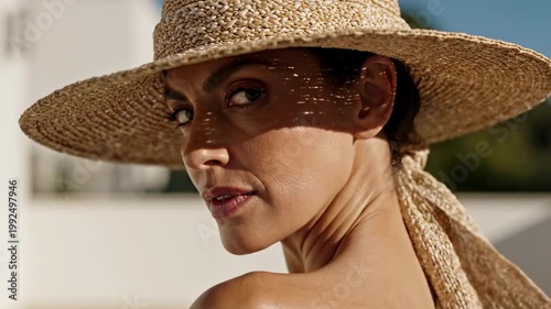 Sunlit resort portrait in a woven straw wide-brim hat with trailing texture, patterned light and poised glance celebrating natural hat styles for ladies through relaxed luxury and warm seasonal grace
