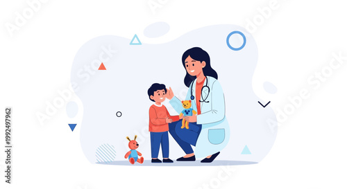Pediatrician examining a child with toys, illustration