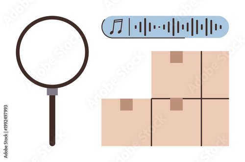 Logistics, music streaming, e-commerce, inventory management, searching, online media. Magnifying glass, musical waveform stacked cardboard boxes. Logistics and music streaming concepts