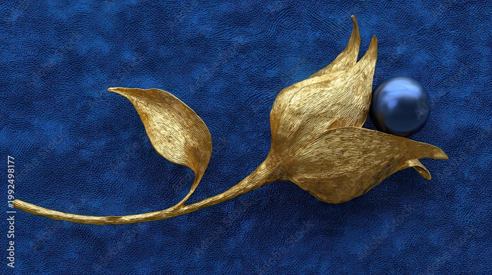 Fototapeta premium An elegant, minimalist composition of a single golden stem with one giant pearl acting as the flower bud. Deep royal blue velvet background. Luxurious 3D sculptural relief