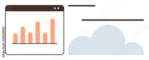 Data analytics, cloud storage, tech innovation, business growth, digital report, online tools. Bar chart in a browser window next to a cloud illustration. Data analytics and cloud storage concept