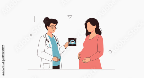 Doctor showing ultrasound to pregnant woman, medical consultation, pregnancy care