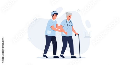 Nurse helping elderly woman walk with cane, healthcare and support concept