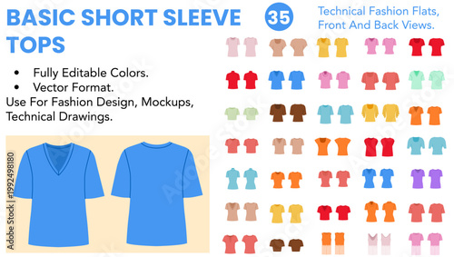 Basic Short Sleeve Tops set with editable technical fashion flats, front and back views, color versions, simple fitted silhouettes and varied necklines. Vector illustration