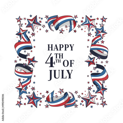 A vibrant vector illustration of a patriotic celebration frame, adorned with red, white, and blue ribbons and stars, perfect for national holiday greetings and festive messages
