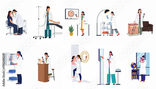 Set of flat illustrations featuring female dermatologists performing skin examinations and using specialized medical tools in professional healthcare environments.