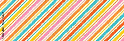 Pink, yellow, orange and blue diagonal irregular stripes seamless vector pattern, Colorful summer striped background for banner and textile design