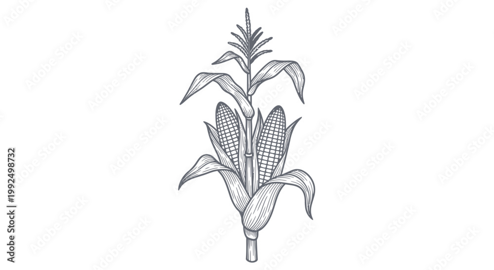 Fototapeta premium Hand-drawn sketch of a corn stalk with two ears of corn, isolated on white.