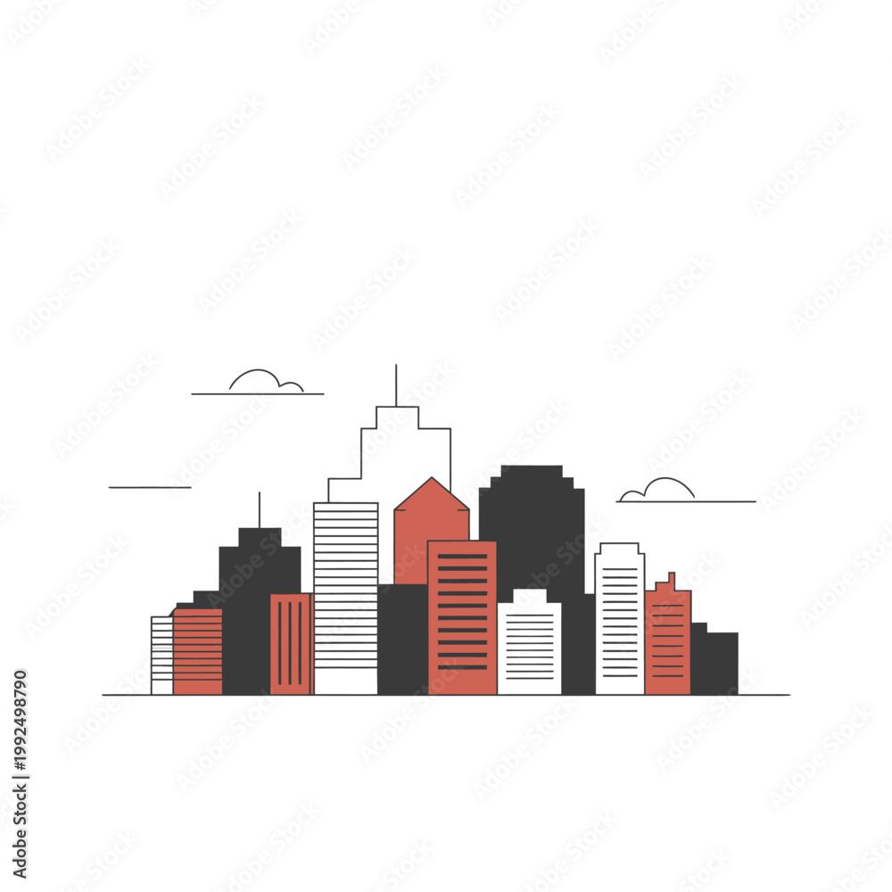 Obraz premium Skyscraper city skyline design features minimalist architectural building silhouettes and floating cloud icons for modern metropolitan real estate branding projects.