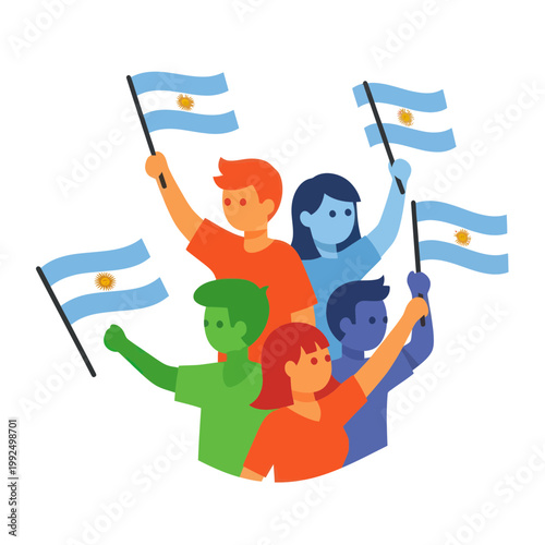 Diverse group of people holding Argentinian flags, celebrating national pride