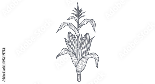 Hand-drawn sketch of a corn stalk with two ears of corn, isolated on white.