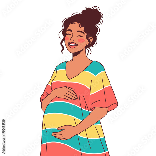 Happy Pregnant Woman Smiling, Holding Belly, Joyful Expecting Mother