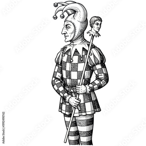 Jester holding a marotte with a man's head, historical illustration