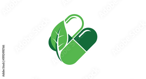 Green capsule with leaf logo, natural medicine, health, organic, wellness, healthcare