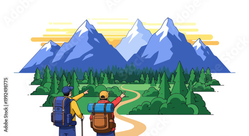 Hikers admiring mountain landscape, pointing towards scenic trail