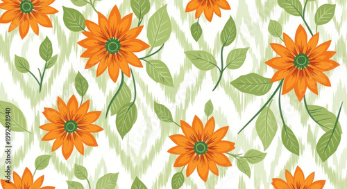 Canvastavla Vibrant Orange Flowers with Green Leaves on Abstract Ikat Background Pattern