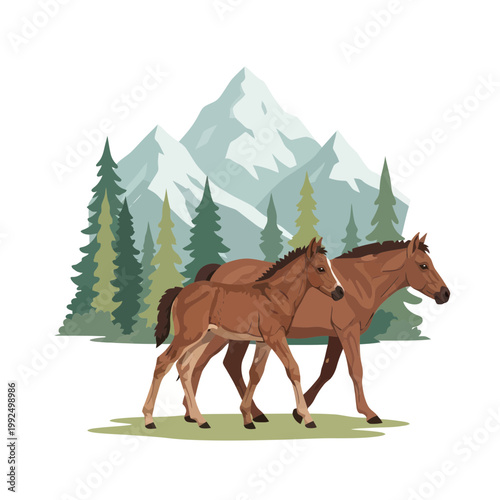 Brown Horse and Foal Walking in Mountain Forest Landscape