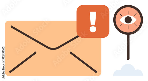Email breach, phishing warning, cybersecurity, secure communication, privacy risks, data protection. Envelope with alert symbol and eye sign on cloud. Email security and phishing warning concept