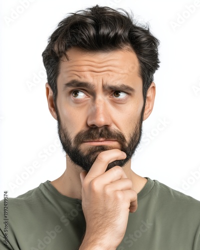 A thoughtful young man with a beard and mustache, pondering with a finger on his chin. He has short dark hair and is dressed casually in a green shirt against a white background.
