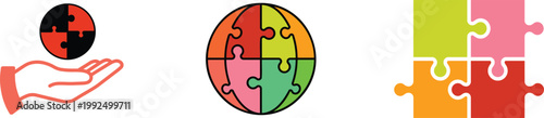 Colorful Puzzle Pieces Forming Global Unity Symbol With Hand Holding Jigsaw Piece Representing Teamwork, Cooperation, Problem Solving, and Worldwide Business Partnership Concept Vector Icon Set