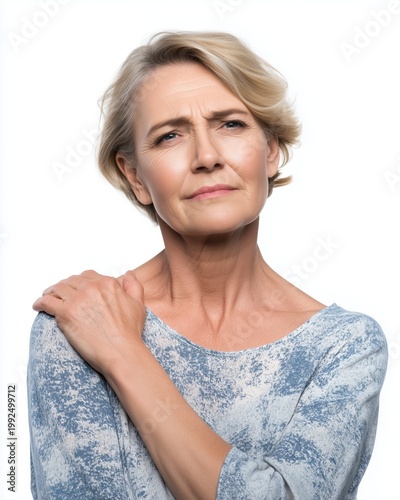 Expressive mature woman with short blonde hair, thoughtful pose, isolated on white background.