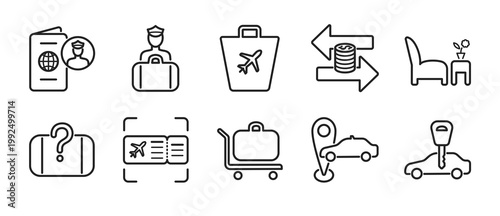 Airport Navigation Extended Line Vector Icons Set – Minimalist outline style are Immigration, Customs, Duty Free, Currency Exchange, Lounge, Lost and Found, Boarding Pass, Taxi, Car Rental