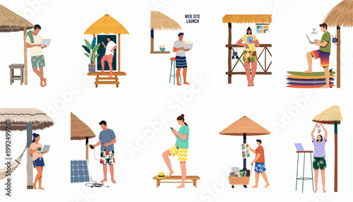 Digital Nomad Lifestyle Concept Set Featuring People Working on Laptops and Mobile Devices at Beachfront Locations and Tropical Cabanas