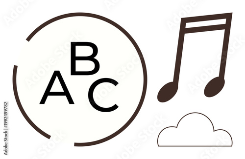 Education, music composition, creativity, learning, minimalism, graphic design. Circular arrangement of ABC letters, a musical note and a small cloud. Education and music composition concepts