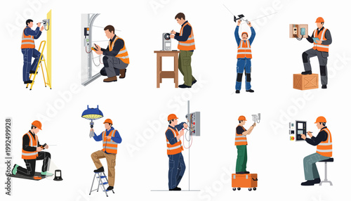 Flat vector illustrations of professional technicians and electricians installing security systems, electrical panels, and lighting in various industrial or residential settings.