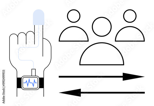 Health tracking, digital communication, biometric data, wearable tech, team management, data flow. Hand with wearable monitor and people icons. Health tracking and digital communication concept