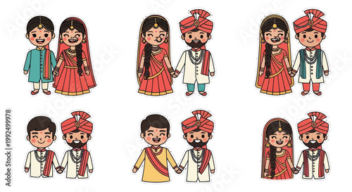 Cute Indian Wedding Couple Cartoon Characters - Bride and Groom