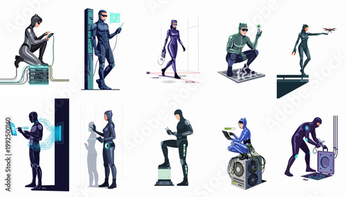 Set of futuristic cyber spies and hackers in sleek tech suits engaging in digital surveillance, data theft, and infiltration on a white background.