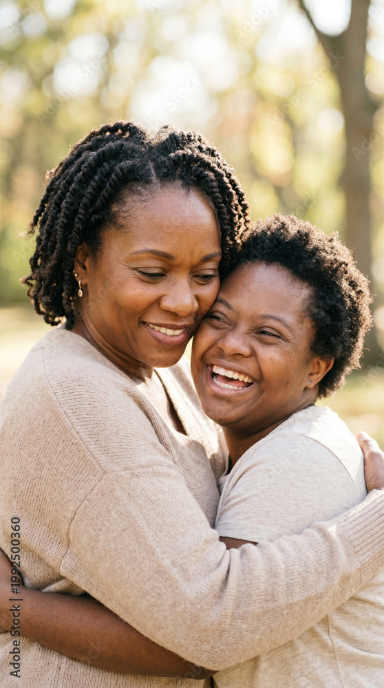 Fototapeta premium Black mother and her adult son with Down syndrome hugging and smiling in a garden, family portrait, inclusive living, diversity.