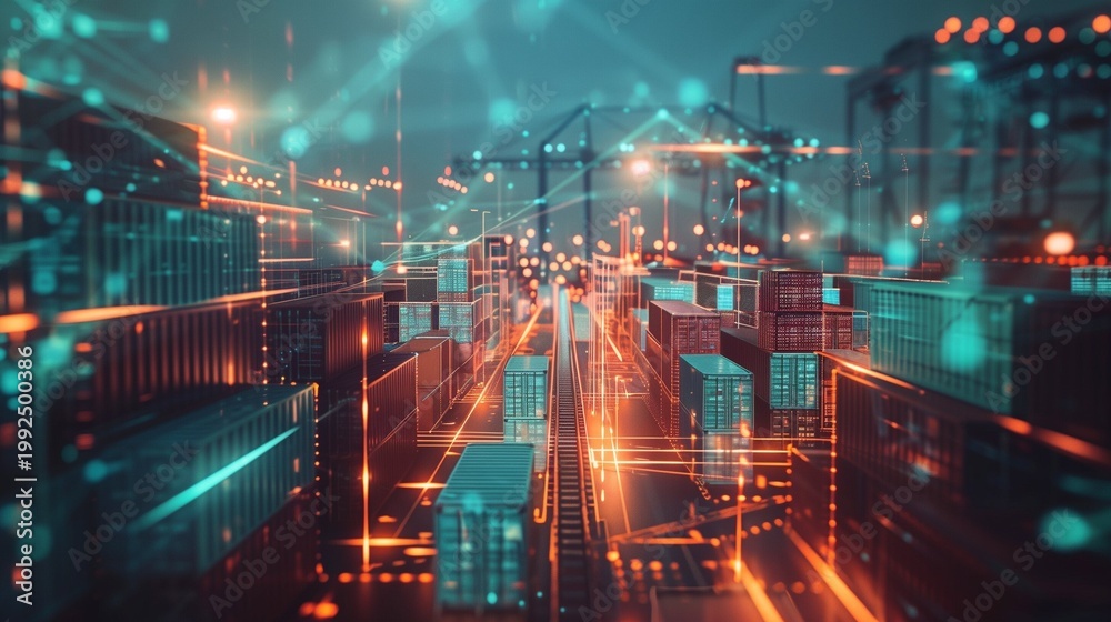 Obraz premium Logistics automation concept with containers and AI light patterns.