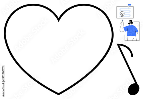 Music, education, creativity, presentation, love, artistic , communication. A heart shape musical note and person presenting an idea. Music and education themes highlighted