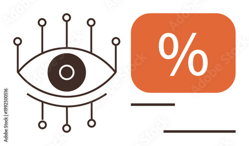 Data visualization, digital security, analytic tools, technology, finance metrics, user insights. Futuristic eye with nodes and percentage sign symbol. Data visualization and digital security concept