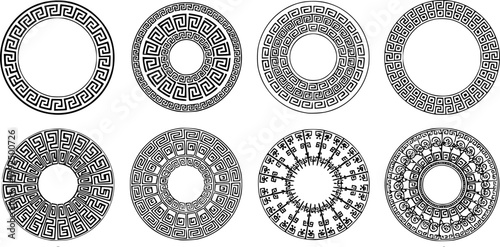 Vector set of decorative round frames with Greek ornaments in ethnic style.