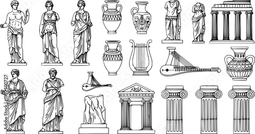 Antique greek sculptures cartoon vector set.